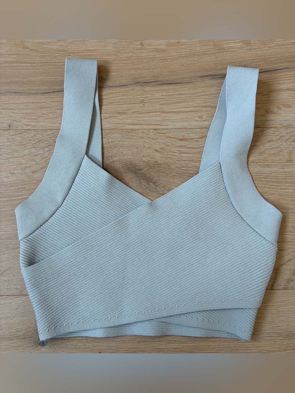 Babaton Ribbed Wrap Crop Top Light Gray Knit Tank Size Small*O3